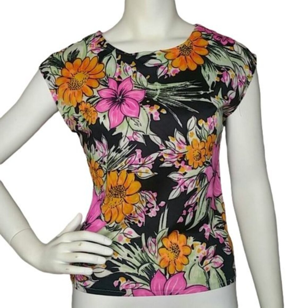 Vintage 1960 1970 Mod Floral Sleeveless Top Womens Size M/L